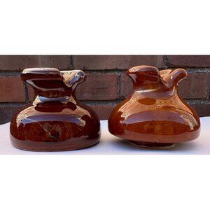 Vintage Stoneware Electrical Insulators Set of 2 Brown Rustic Industrial Decor